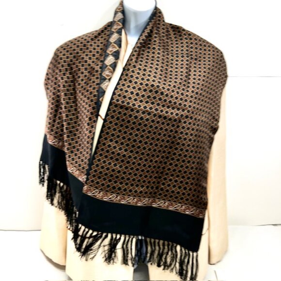 2 Ways Burberrys 100% Silk Satin Scarf 60"x13" Brown black Check Art Fring (1 - Picture 16 of 16